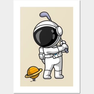 Cute Astronaut Playing Golf Planet Cartoon Posters and Art